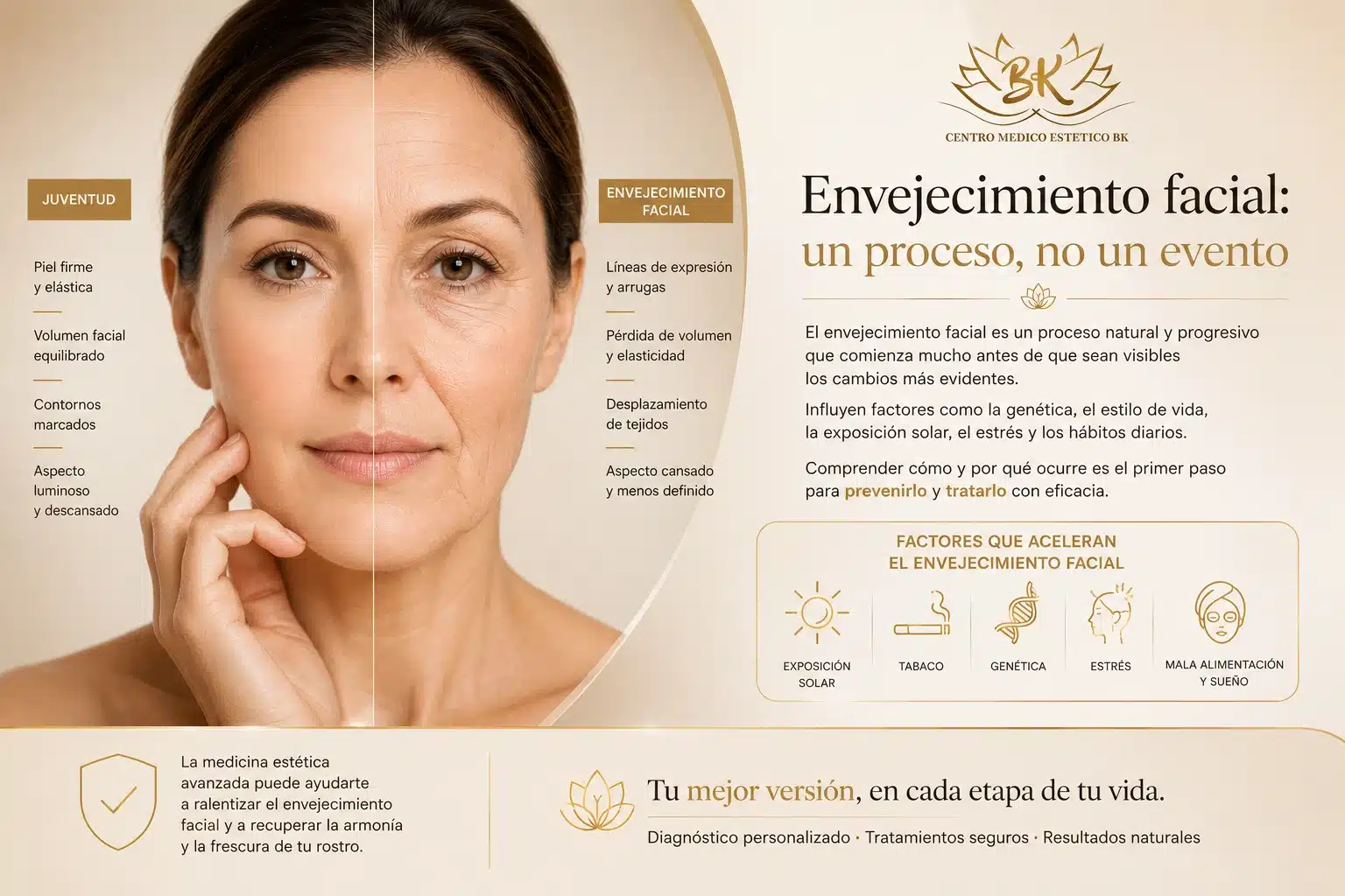Envejecimiento facial como un proceso natural y progresivo que afecta la piel, el volumen y la armonía del rostro.