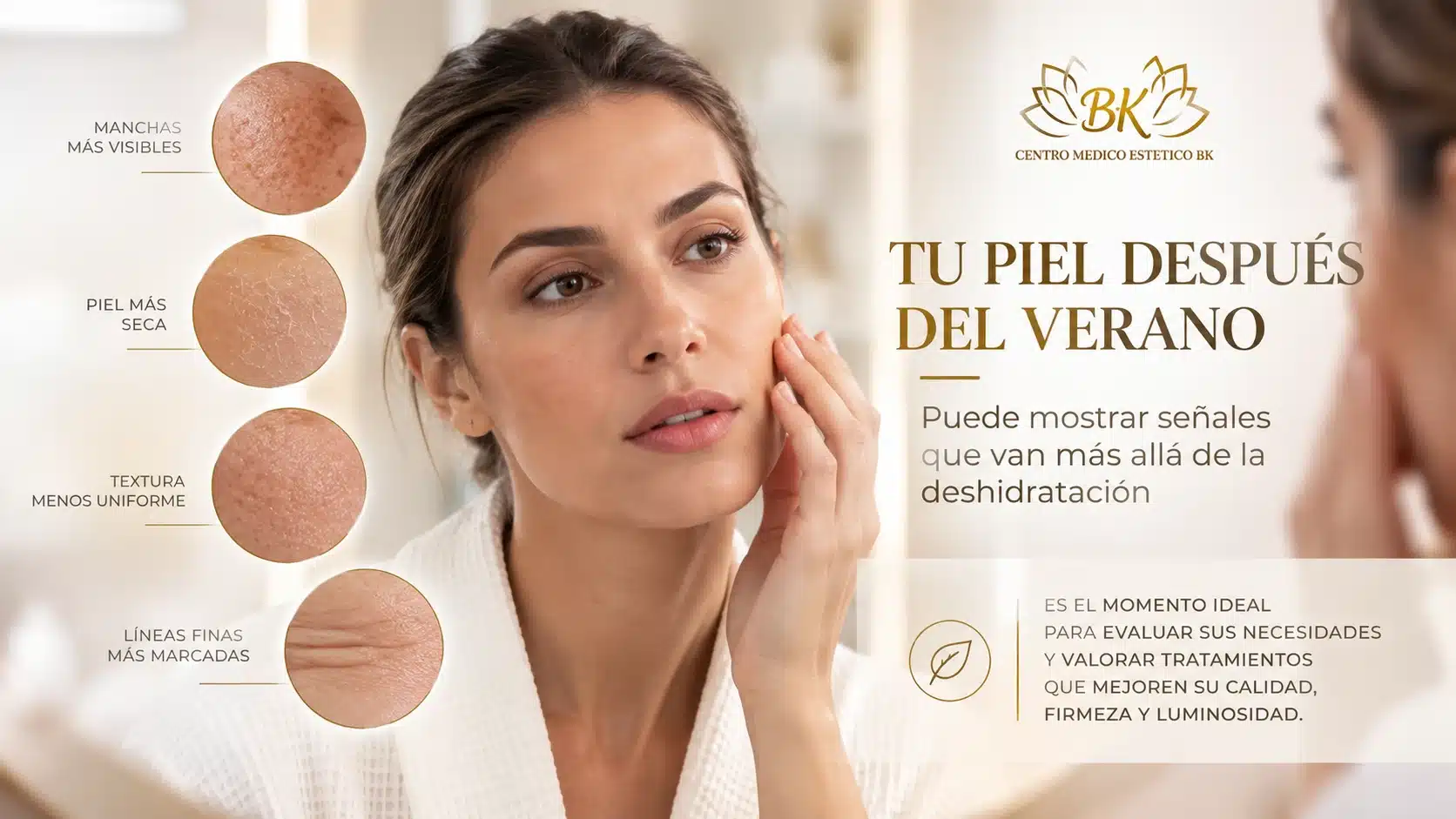 Cambios en la piel después del verano como manchas, sequedad, textura irregular y líneas finas.