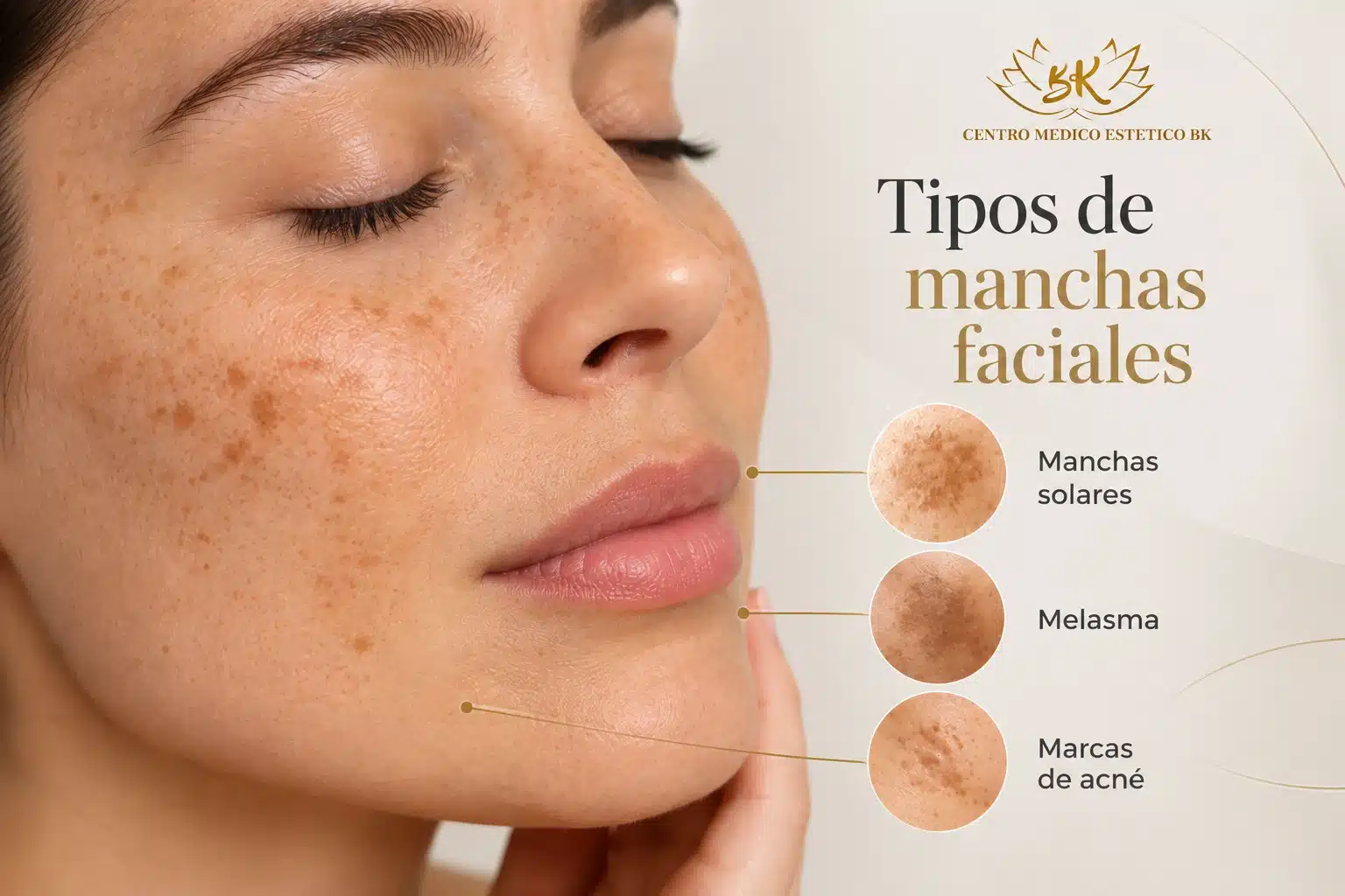 Infografía de Clínica BK que muestra los diferentes tipos de manchas faciales: manchas solares, melasma y marcas de acné.